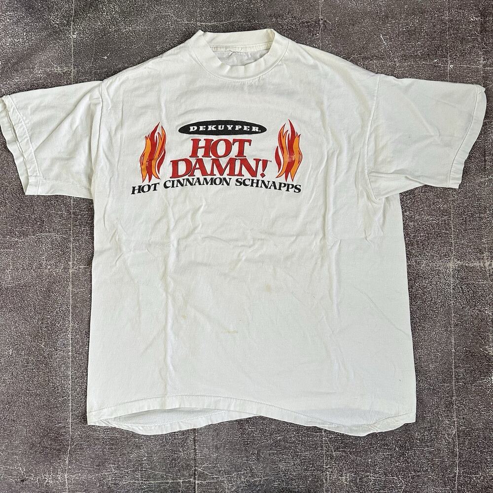 Men's Vintage 90's Dekuyper Hot Dam Cinnamon Schnapps White Promo T Shirt Sz XL